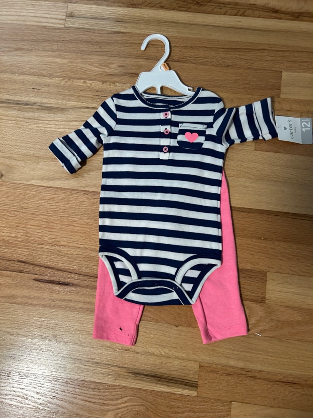 Carter's Navy & White Striped Bodysuit with Pink Heart and Pink Pants